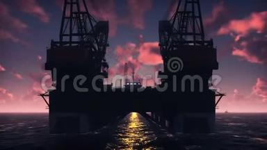 石油平台，海上平台，或日落时在夜海的海上钻井平台.. 真实的电影动画。
